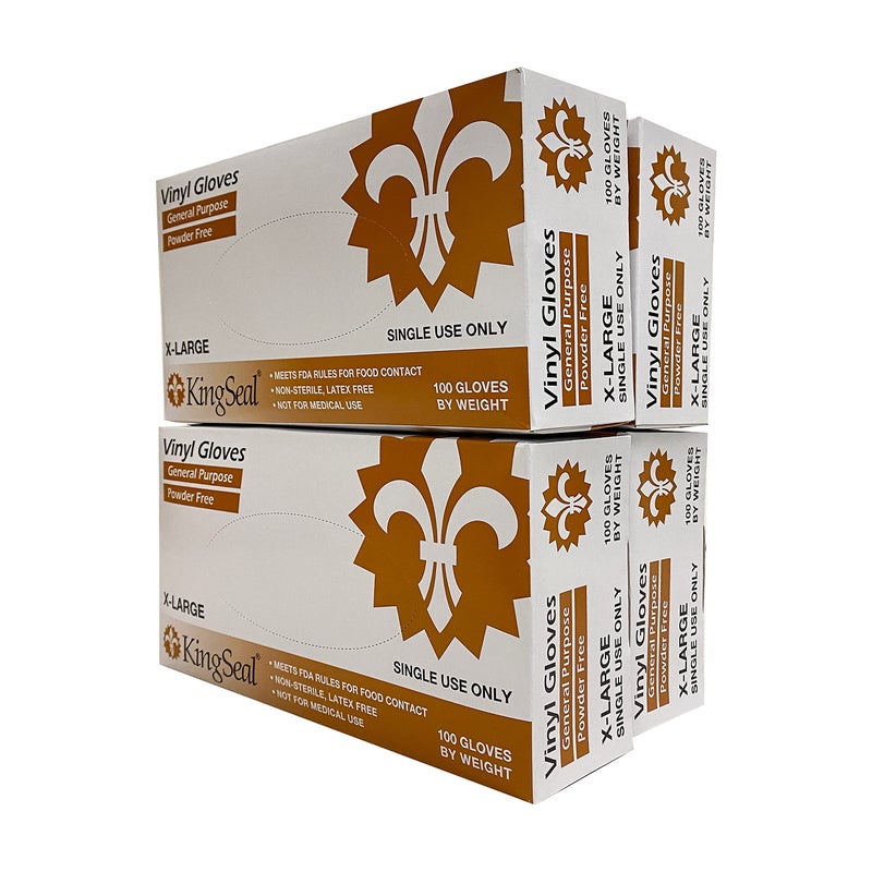 KingSeal X-LARGE, Vinyl General Purpose Disposable Gloves, Powder-Free, 4 mil, Clear - 4 boxes of 100 Gloves by Weight (400 Count) - Image 1